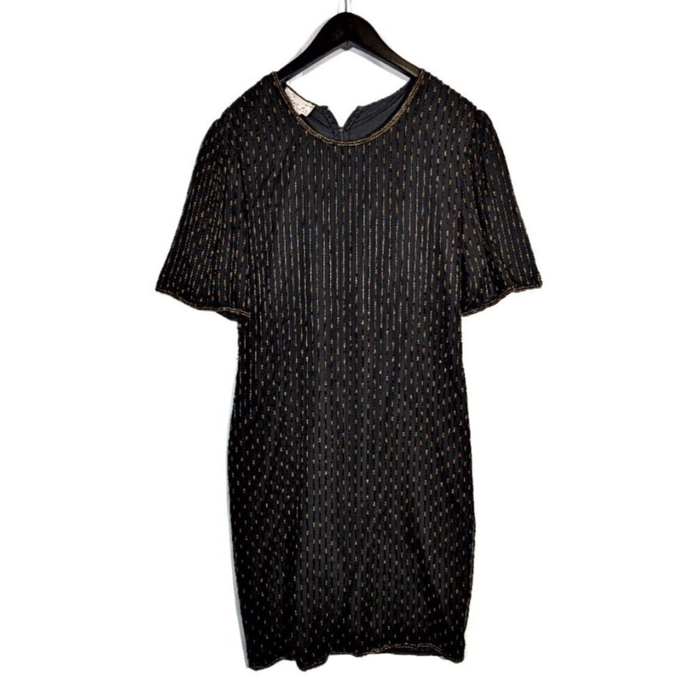 Vintage 1930's 100% SILK Rina Z. Gold Beaded Cocktail Sheath Dress Sz M Flapper